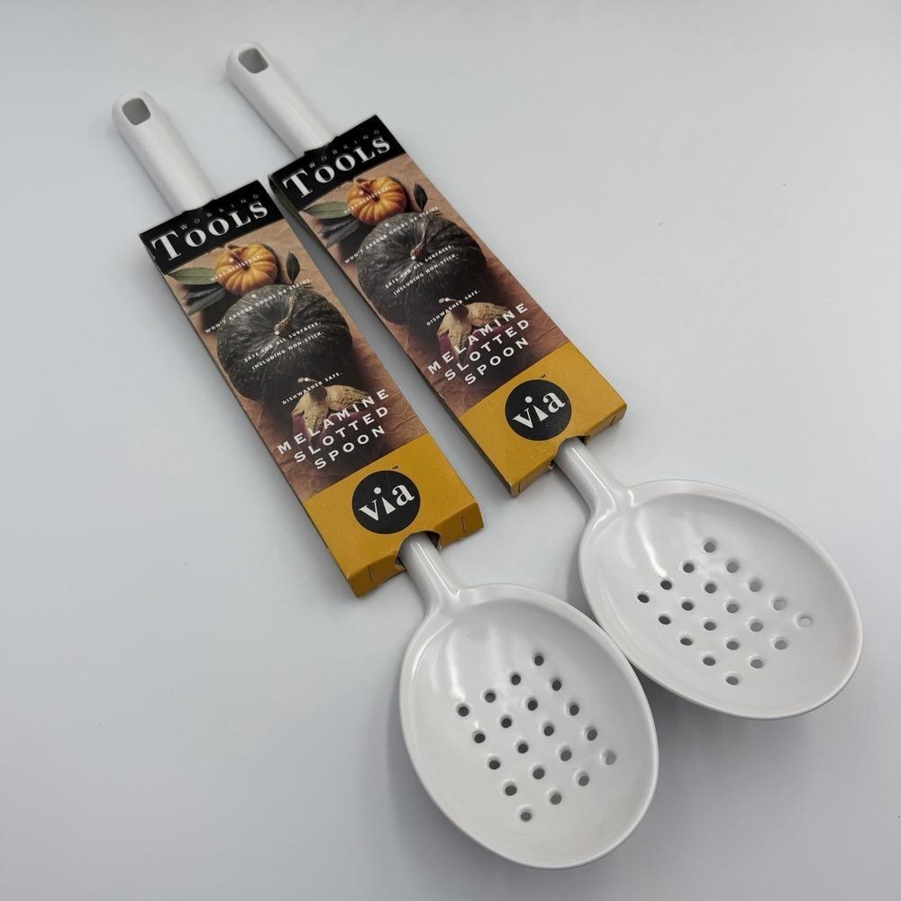 NEW Vintage Working Tools White Melamine Slotted Serving Spoon Set of 2